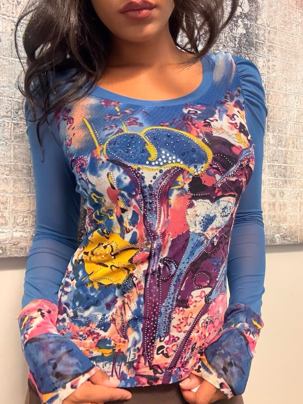 Vintage sheer fitted mesh long sleeve top with abstract print and gem details